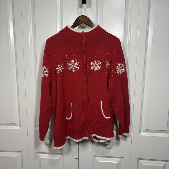 Quacker Factory Sweater Women 3X Zip Red Snowflake Fleece Trim Holiday Festive - Picture 1 of 11